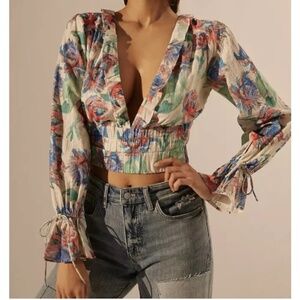 Anthropologie Floral Plunging V Neckline Long Sleeve Crop Top NWOT